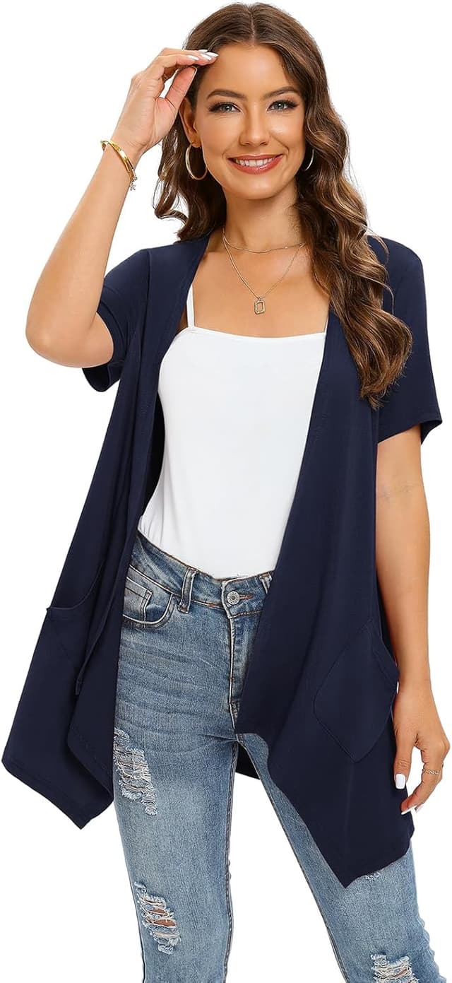 Thumbnail 2 de Wiwclo Veryoung Damen-Cardigan mit kurzen Ärmeln, offen vorne und Taschen – leichter Sommer-Cardigan mit High-Low-Saum
