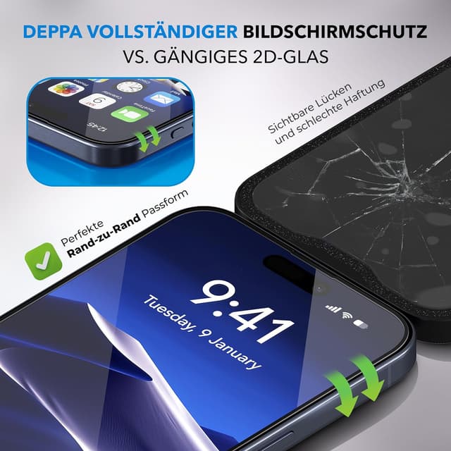 Detalle de Deppa 2er-Schutzfolie für iPhone 16 Plus/15 Plus (6,7") – zertifizierter Blaulichtfilter mit Schablone, stoßfest & blasenfrei
