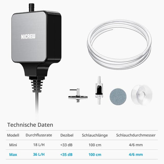 Thumbnail 5 de NICREW Nano Silent Max 36 L/h Luftpumpe 🐠