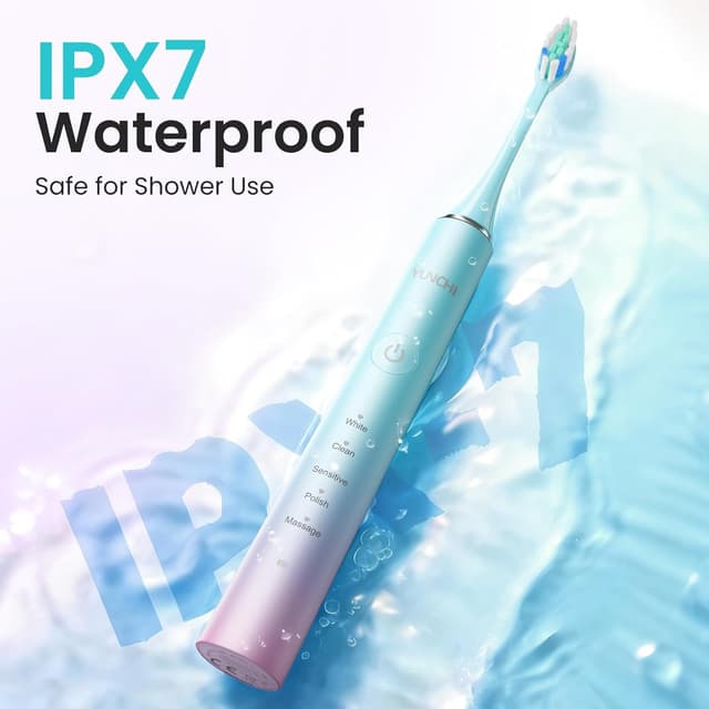 Detalle de YUNCHI Y7 Blue USB-C rechargeable sonic toothbrush with 5 modes, 2-minute smart timer, 8 brush heads and travel case