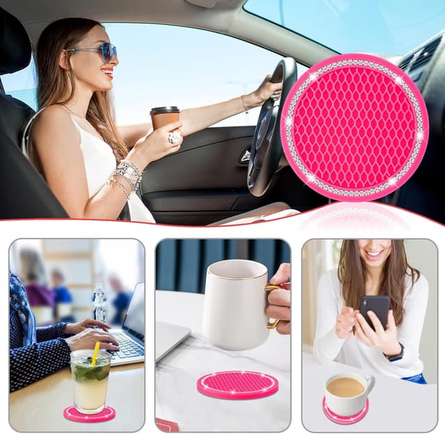 Detalle 2 de COCASES Car Coasters (4-Pack) 2.75" Silicone Rhinestone Cup Holder Coasters – Hot Pink & White Crystal Circle