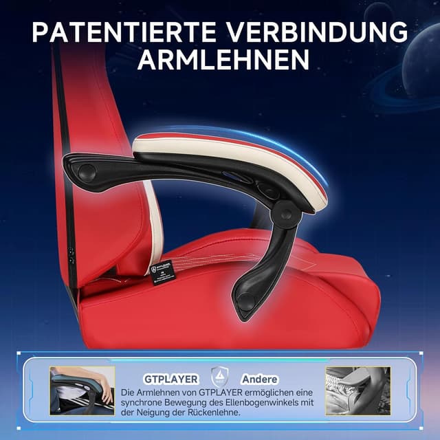 Thumbnail 6 de GTPLAYER Chaise de gaming ergonomique en cuir synthétique rouge, support lombaire et dossier jusqu’à 150°