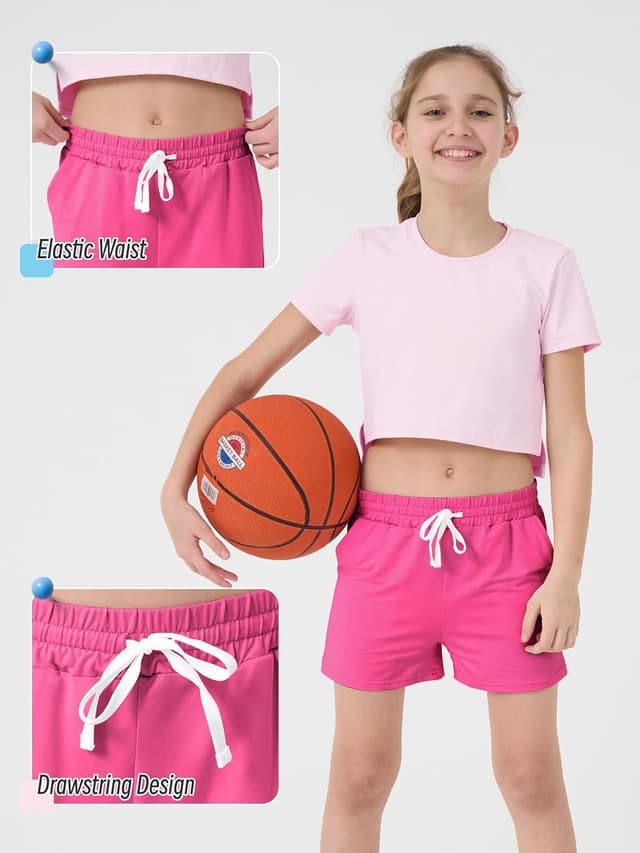 Detalle de QWE 5-Pack Girls Athletic Shorts (Soccer, Running & Basketball) with Drawstring Pocket