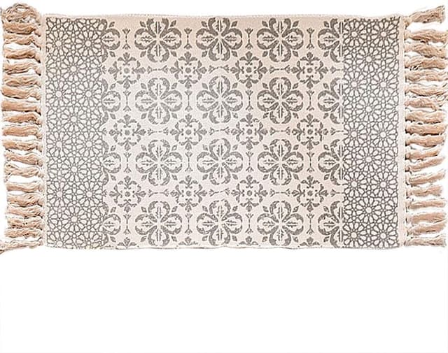 Detalle de MORROWCAMP Boho Cotton Small Rug 58x88 cm with Tassels – Beige Grey Moroccan Floral Style Woven Washable Rug
