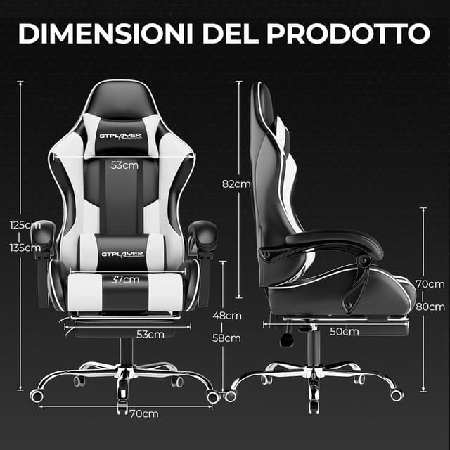 Detalle de LUCKRACER Sedia da Gaming Massaggiante ed Ergonomica con schienale regolabile, poggiapiedi e supporto lombare (reclinabile) – Bianco