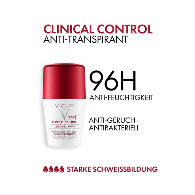 Detalle de Vichy Clinical Control 96h Deo-Roll-on für Frauen (50 ml) – alkoholfrei, antibakteriell
