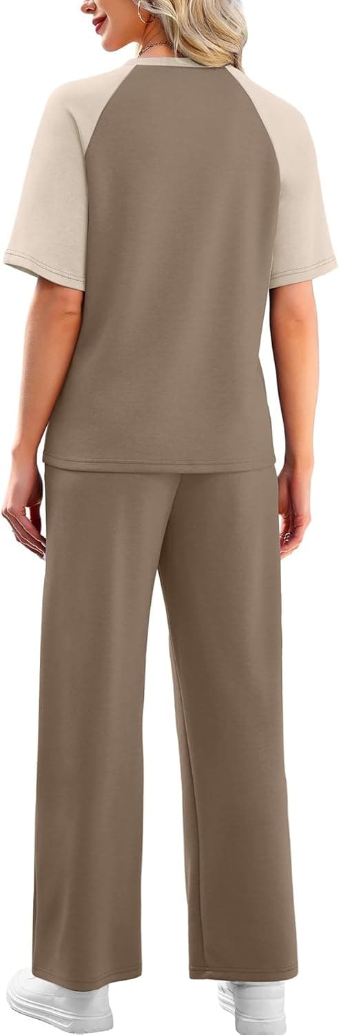 Detalle de WIHOLL 2-Piece Women’s Resort & Travel Lounge Set (Short Sleeve Top + Wide-Leg Pants)