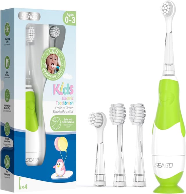 Detalle de Spazzolino Elettrico Bambini 0-6 anni a forma di pinguino con LED, timer 2 minuti e 4 testine (base a ventosa) 513 Blu/Verde