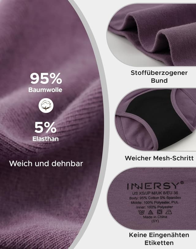 Detalle 2 de INNERSY Culotte menstruelle taille haute pour flux abondant (lot de 3) – coton lavable, taille enveloppante
