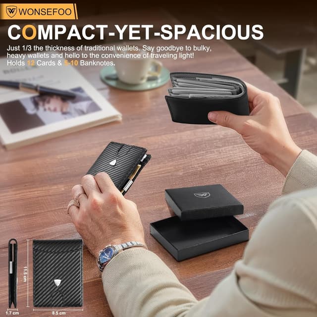 Detalle 2 de WONSEFOO Wallets Mens Slim RFID Carbon Fiber 12 slots