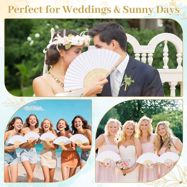 Detalle de iZoeL set da 12 ventagli pieghevoli bianchi con carta e manico in bambù