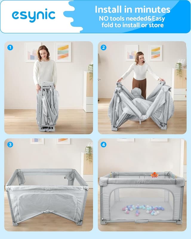 Thumbnail 6 de eSynic Large Foldable Baby Playpen (127 x 127cm) with Soft Mat, 50 Balls & Hoop