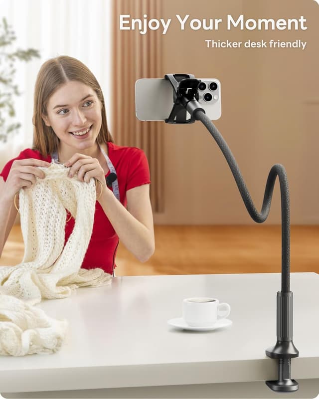 Detalle de SAIJI support de téléphone de chevet avec col de cygne 95 cm et rotation 360° (cuir PU, noir)