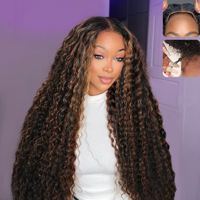 Detalle de QUANDIAN 7x5 Glueless HD Lace Deep Wave Wig (26 Inch) with Drawstring, Pre-Plucked & Pre-Cut 210% Density