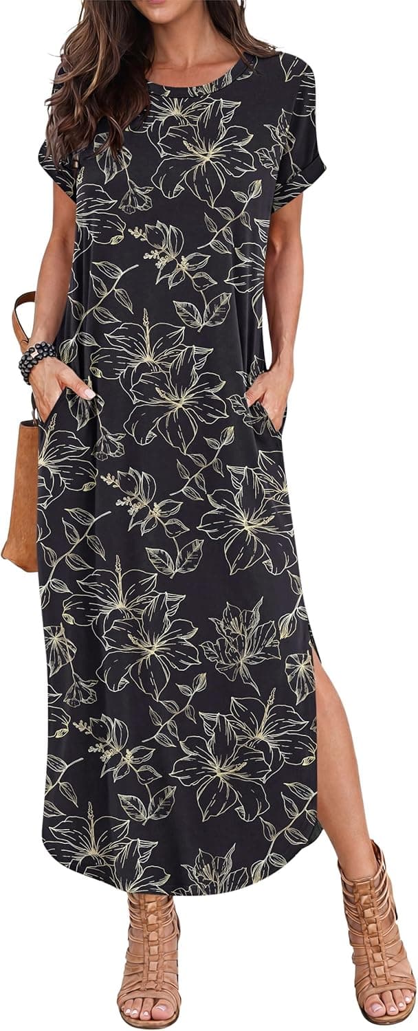 Detalle de PLOKNRD robe d’été col rond à manches courtes et poches – maxi longue fendue à porter en vacances