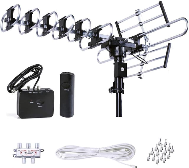 Detalle de Five Star Outdoor HD TV Antenna with Motorized 360° Rotation (UHF/VHF/FM) + Remote & RG6 Kit