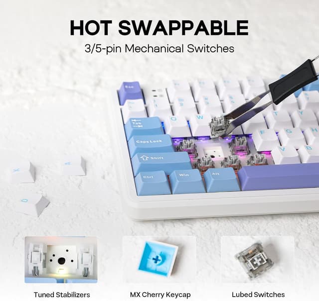Detalle de EPOMAKER Aula F108 Wireless Gaming Keyboard (Full Size, Hot-Swappable) with 4000mAh Battery, 108 Keys, White & Blue