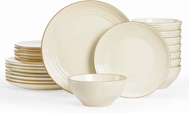 Detalle de Famiware Jupiter 24-Piece Stoneware Dinnerware Set for 8 (Vanilla White) with Speckles & Embossed Swirls