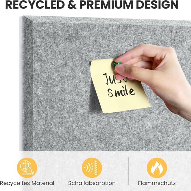 Detalle de Large Kork-Bulletin Board 90x60 cm – Filz-Wandfliesen im 6er-Set mit 30 Steckpins & abnehmbaren Klebetabs