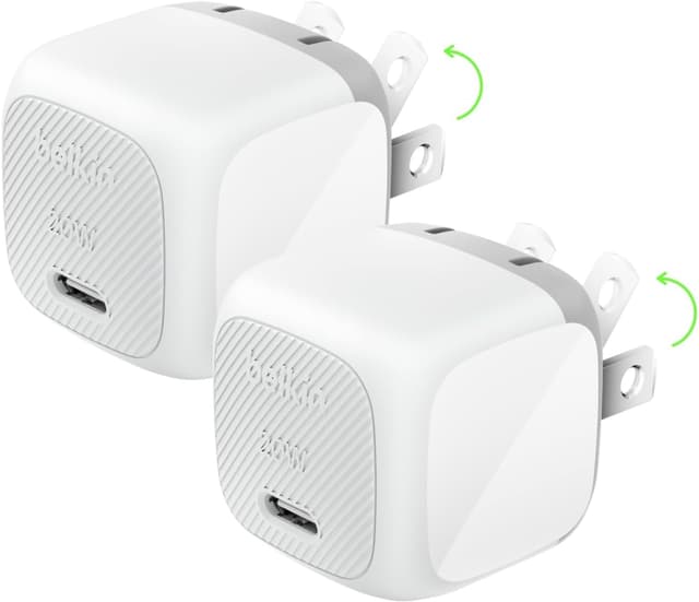 Detalle de Belkin USB-C Charger Block 20W (2-Pack) Fast Charging Wall Charger, Foldable Prongs, USB Power Delivery 3.1, White