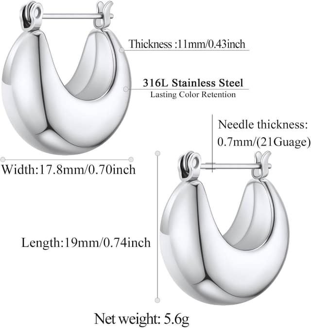 Detalle de FindChic Creolen Ohrringe für Damen & Mädchen aus Edelstahl – Chunky Huggie Hoop in Silber, Gold oder Schwarz (5,7/7,7/11 mm)