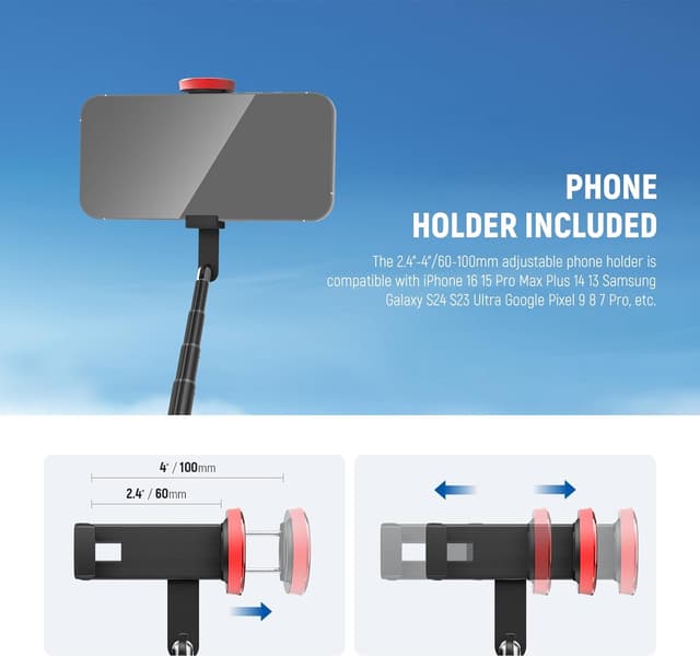 Detalle de NEEWER Basics PA991 adjustable selfie stick tripod with phone holder and rechargeable remote