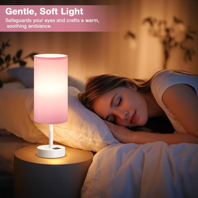 Detalle 1 de Aooshine Pink Bedside Lamps with Touch Control and USB-C + USB-A Charging Ports (White Base, Bulb Included)