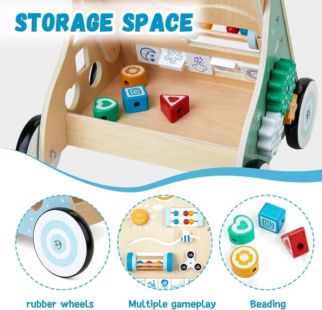 Detalle de Holz-Lauflernwagen 10‑in‑1 mit Activity Center und gummierten Holzrädern für Baby-Laufhilfe