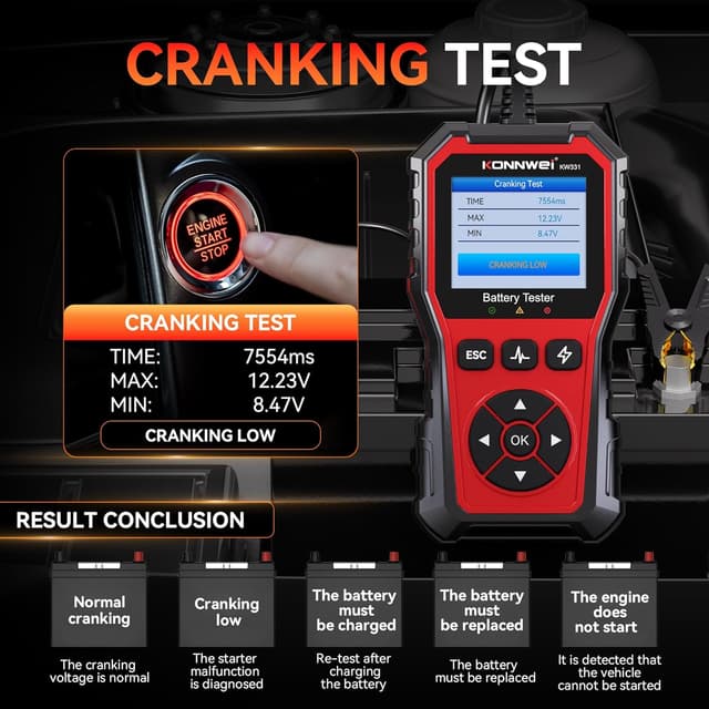Detalle de KONNWEI KW331 Tester per Batterie Auto 6/12/24V con stampa cloud