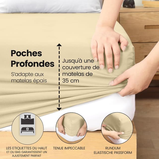 Detalle de Utopia Bedding Drap-housse Beige 200 x 200 cm en microfibre brossée certifié Oeko-Tex, bonnets 35 cm