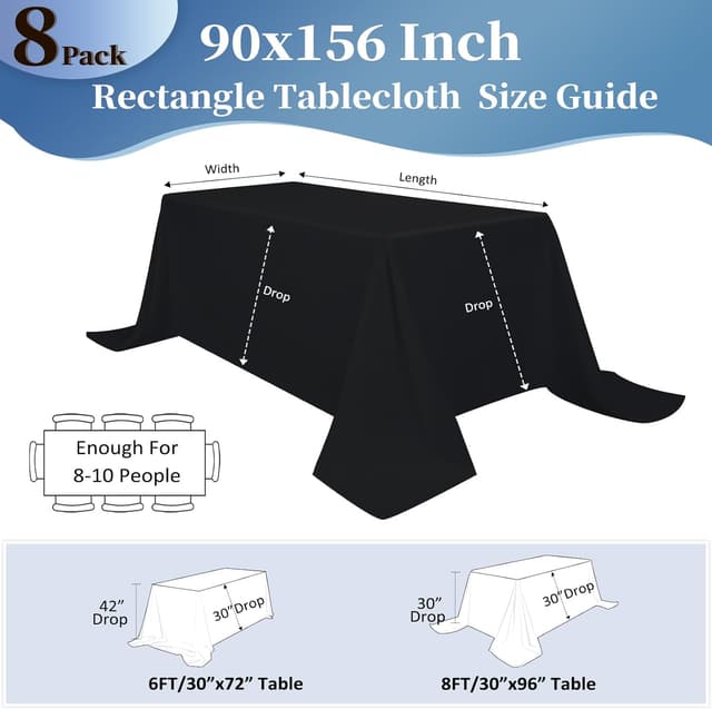 Detalle de pepmily 8-Pack Black Tablecloths (90x156 inch) for 8-Foot Rectangle Tables