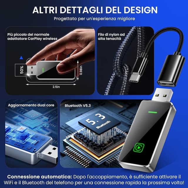 Detalle 2 de CUGEFRE Adattatore CarPlay senza fili: converti CarPlay cablato in wireless, Plug & Play per iPhone (iOS 12+)