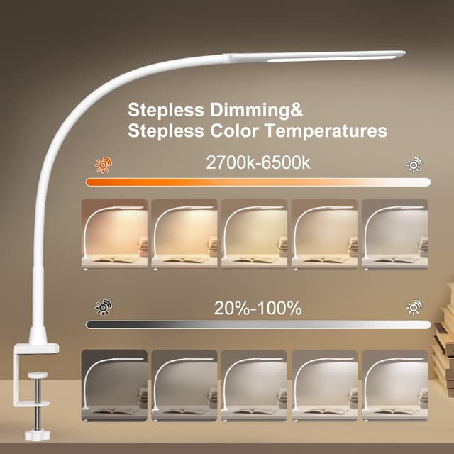 Detalle de HOKONE Lampada da tavolo LED a morsetto dimmerabile con collo d’oca 360° (4 colori, 10 livelli) – Bianca