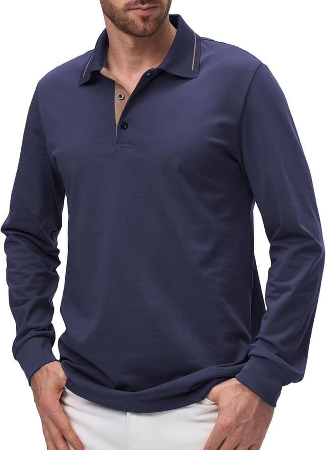 Detalle de Comilaka Uomo Polo casual a manica lunga in cotone con colletto a contrasto