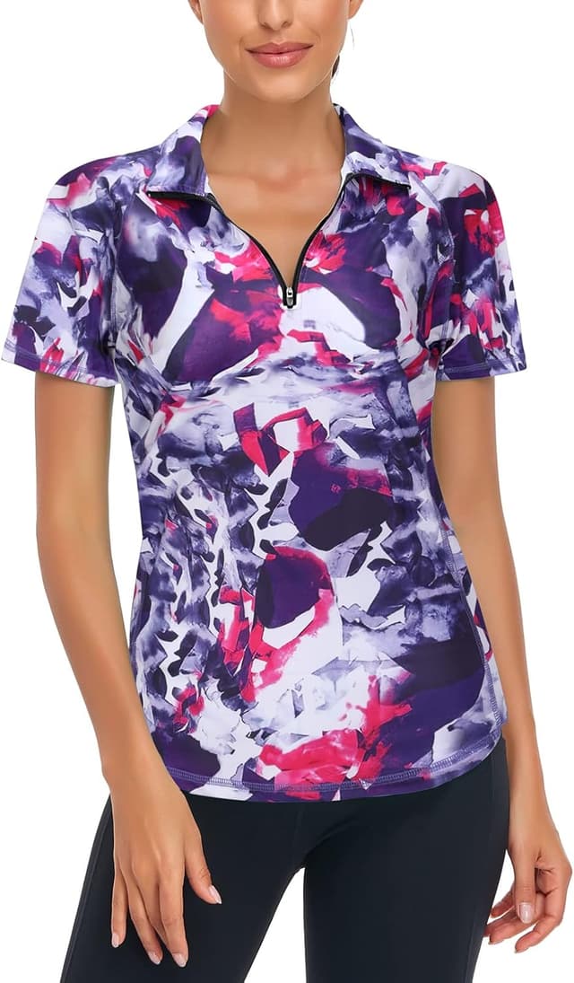 Detalle de Syphiby women’s 1/4 zip polo gym top (short sleeve, moisture wicking) for training and golf