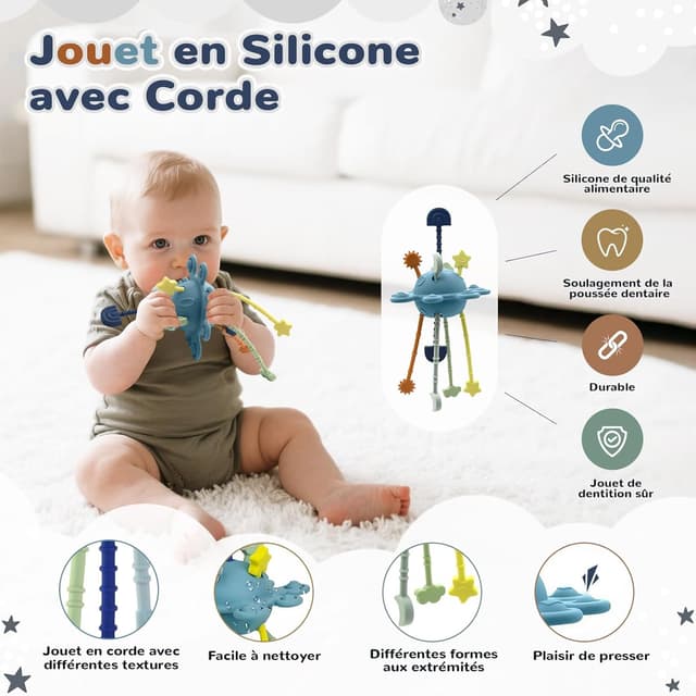Detalle de Jouet bébé Montessori 5 en 1 (6 mois et +) : tri de formes, empilement, xylophone et jeux sensoriels