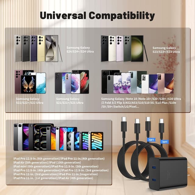 Thumbnail 6 de 45W Dual Port Super Fast Charger with Long USB C to C Cable (10ft) — Type C Wall Charger Block for Samsung Galaxy Phones