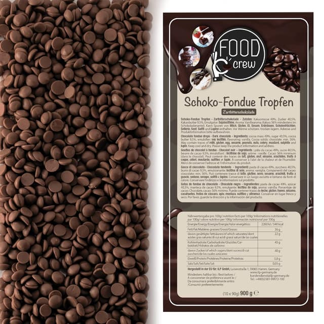 Detalle 2 de FOOD crew Fondue-Schokolade Zartbitter, belgische Schokolade zum Schmelzen – 10 Portionsbeutel à 90 g