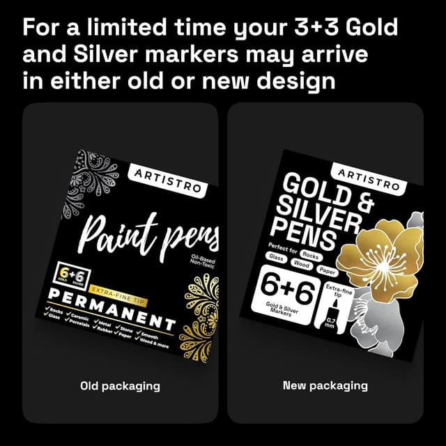 Detalle 2 de ARTISTRO Gold & Silver Oil Paint Pens (0.7mm extra-fine) – Pack of 12 for Rock, Stone, Metal, Ceramic, Porcelain, Glass, Wood & Fabric