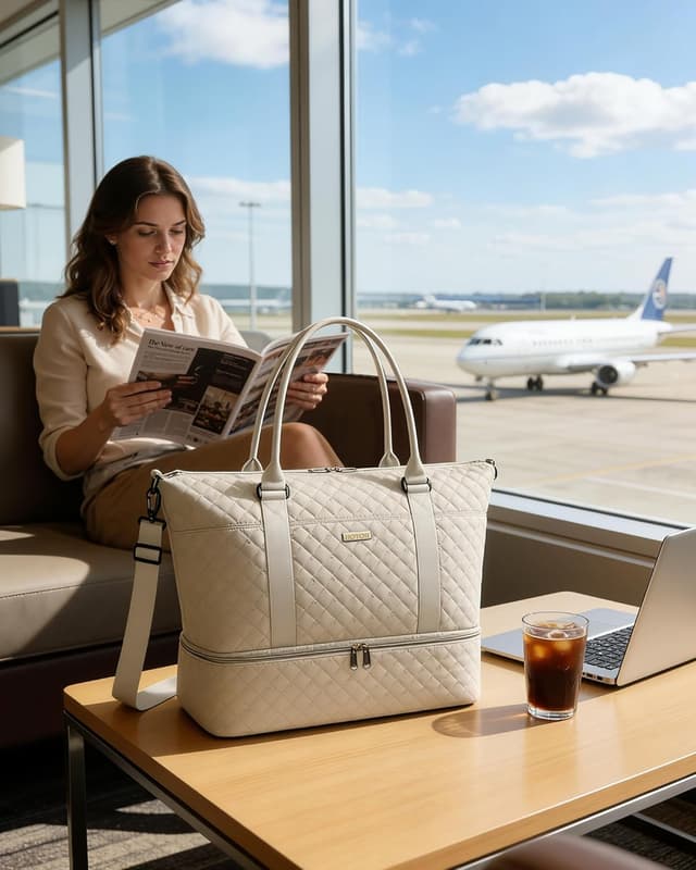 Detalle de HOTOR women’s lightweight travel bag (beige) with shoe compartment and wash/toiletry bag, 34 x 45 x 20 cm