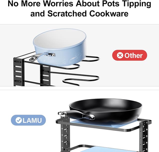 Detalle de LAMU Pots and Pans Organizer for Under Cabinet (6-Tier, Adjustable 14 to 24.57")