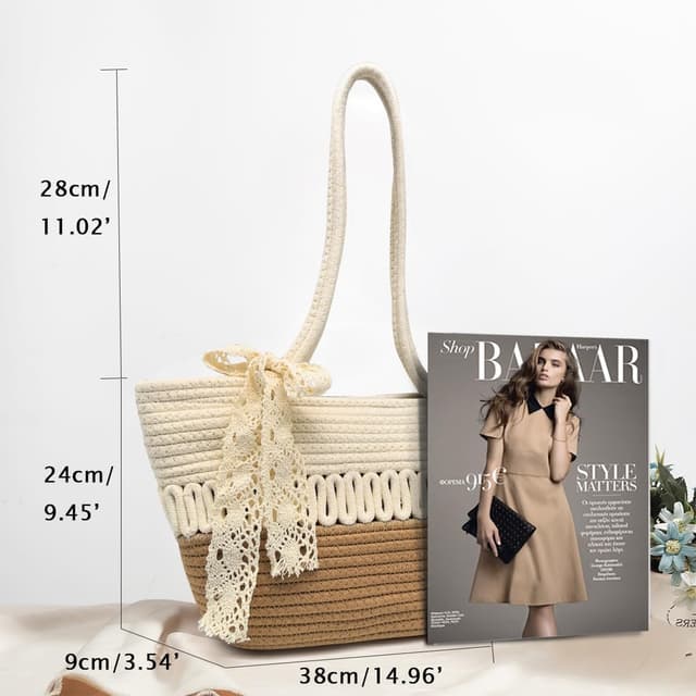 Detalle de Pahajim women’s woven tote bag – cotton crochet shoulder bag with zip closure (38 x 24 x 9 cm)