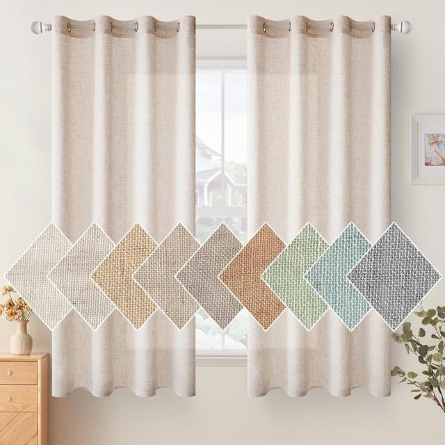 Detalle de Woaboy Leinen Kruz Gardinen (2er-Set) halbtransparent mit Ösen, 140 x 145 cm – Weiß