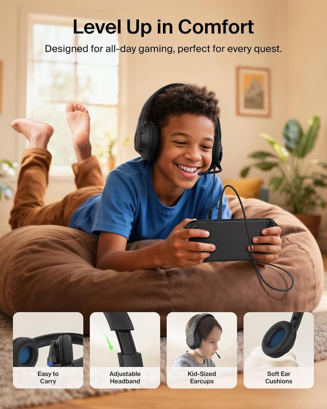Detalle 2 de Belkin Gaming Inspire Kids Wired Headphones with USB-C Dongle (85dB safe volume limit) – Black