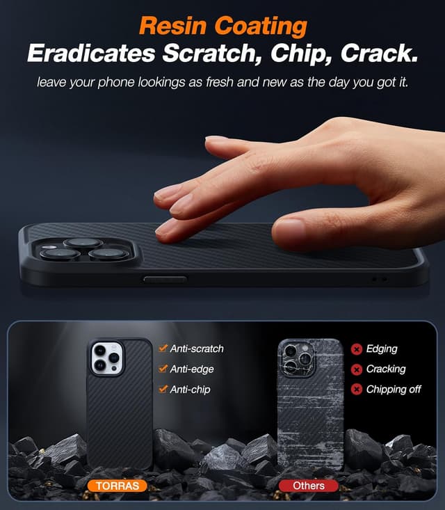 Detalle 2 de Torras Upgraded Stronger Magnetic iPhone 14 Pro Case with MagSafe (Aramid Fiber Back, Black Edge)