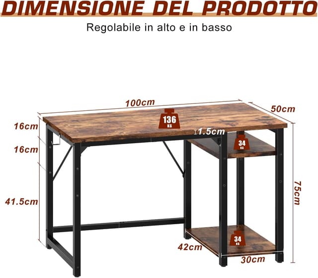 Detalle de JUMMICO Scrivania 100 x 50 cm con 2 ripiani e separatore regolabile (destro o sinistro)