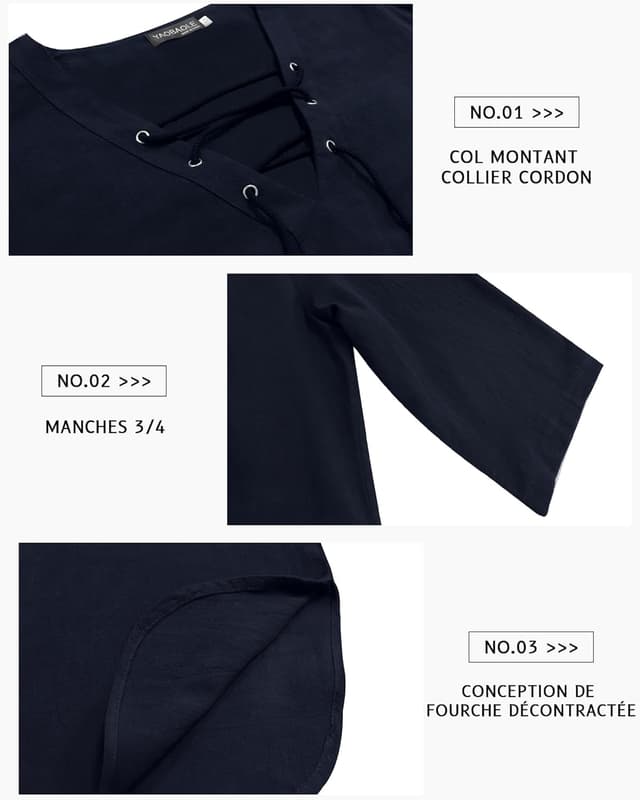 Detalle de YAOBAOLE Chemise homme manches 3/4 coton lin vintage médiéval à lacets