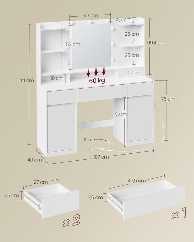 Thumbnail 5 de VASAGLE Kailyn Schminktisch mit LED‑Spiegel, 9‑Lampen 🎀