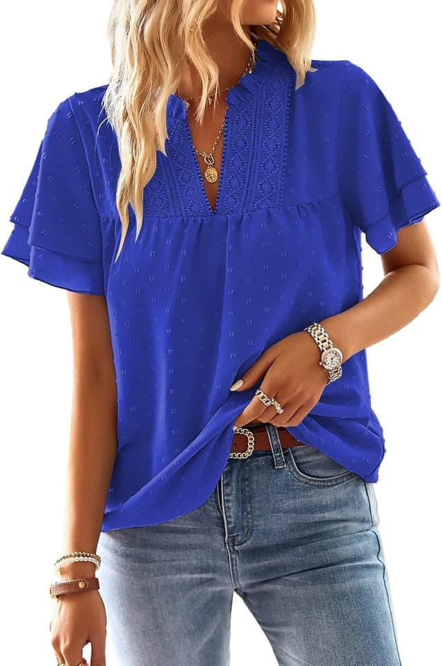 Thumbnail 6 de TUUHAW chemisiers et blouses femme à manches courtes col en V, finition dentelle au crochet