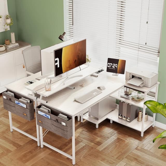 Detalle de ODK Scrivania Angolare Reversibile 120x80 cm bianca con porta USB e prese di ricarica